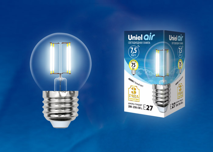  LED - Air  G45-CL-7,5W-230V-E27-4000K  "Uniel" (10/100)