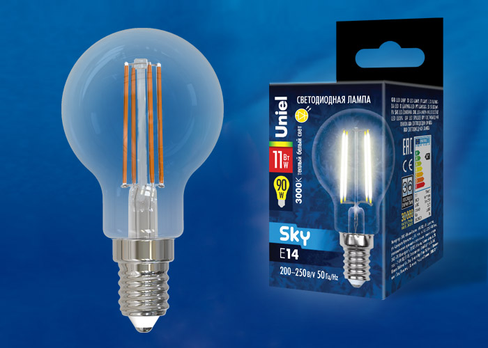  LED - Sky  G45-CL-11W-230V-E14-3000K  "Uniel" (10/100)