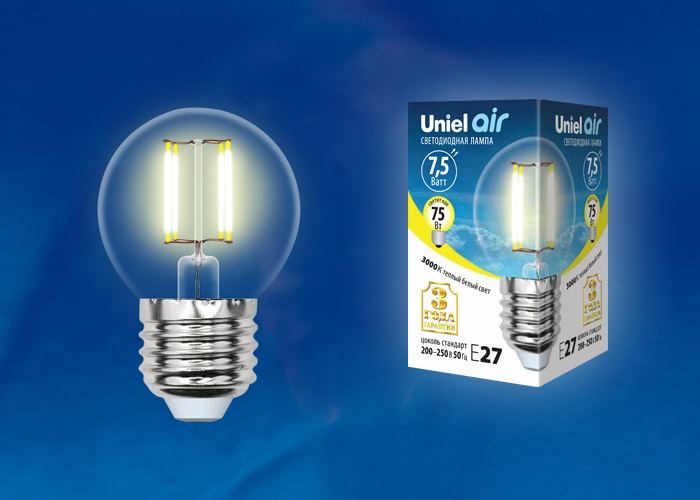 LED - Air  G45-CL-7,5W-230V-E27-3000K  "Uniel" (10/100)