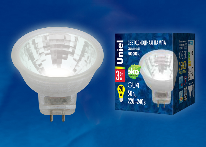  LED -  MR11-3W/NW-220V-GU4 GLZ21TR .  4000 "Uniel" /4690485089896