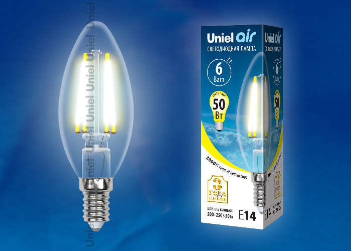  LED - Air  C35-CL-6W-230V-E14-3000K  "Uniel" (10/100)