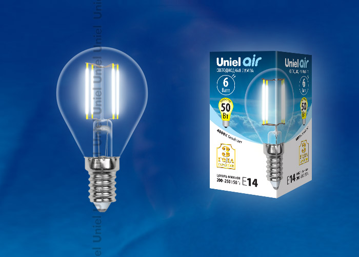  LED - Air  G45-CL-6W-230V-E14-4000K  "Uniel" (10/100)