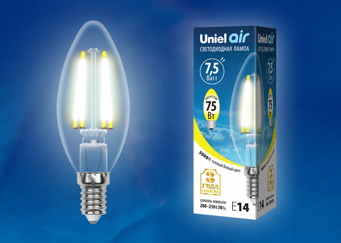  LED - Air  C35-CL-7,5W-230V-E14-3000K  "Uniel" (10/100)